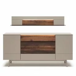GWINNER Sideboard Misano II (2-teilig) - Inkl. Beleuchtung - Echtholzfurnier - Saharagrau / Balkeneiche