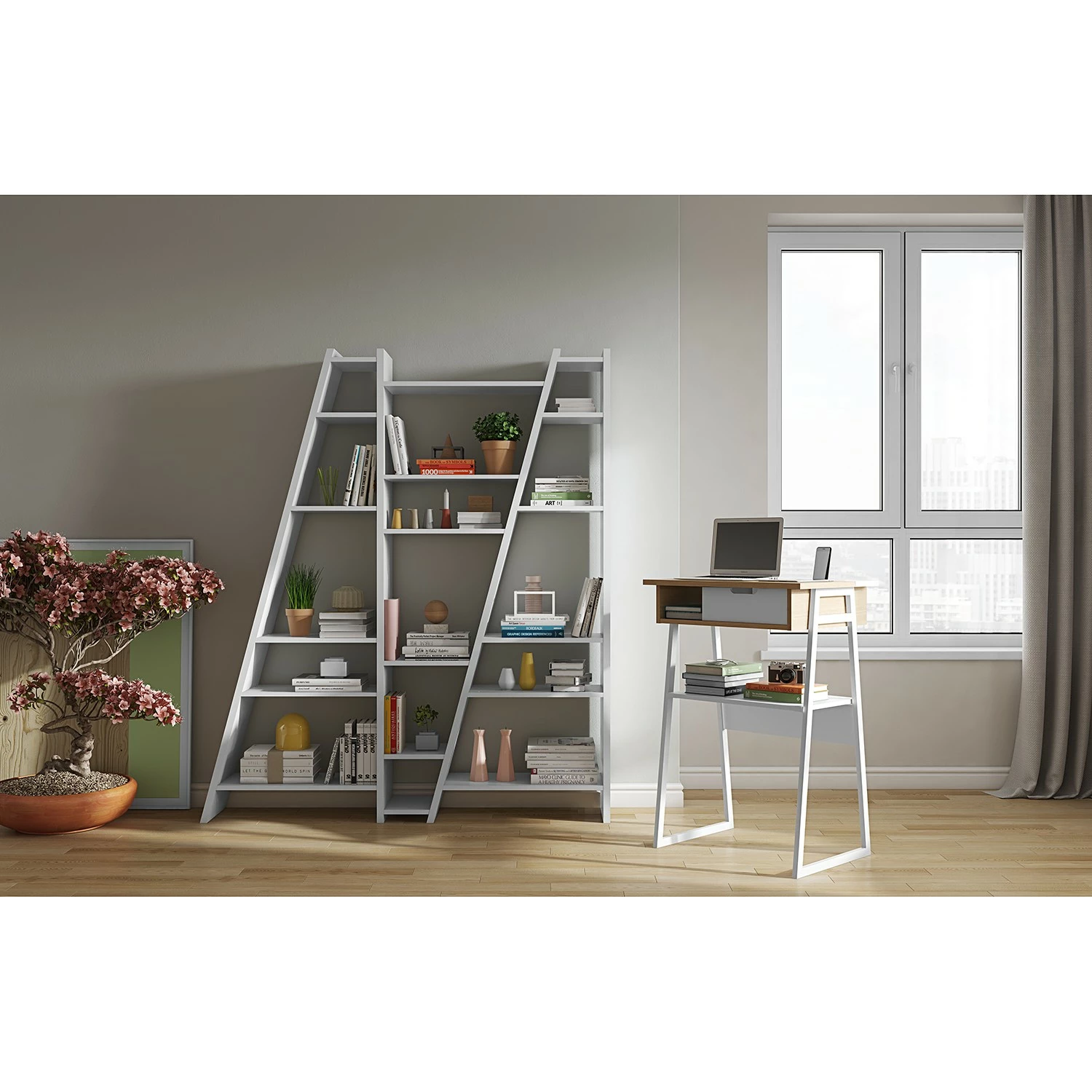 Temahome Stehschreibtisch Space - Echtholzfurnier / Metall - Eiche / Weiß 4 Temahome Stehschreibtisch Space - Echtholzfurnier / Metall - Eiche / Weiß – Bild 2