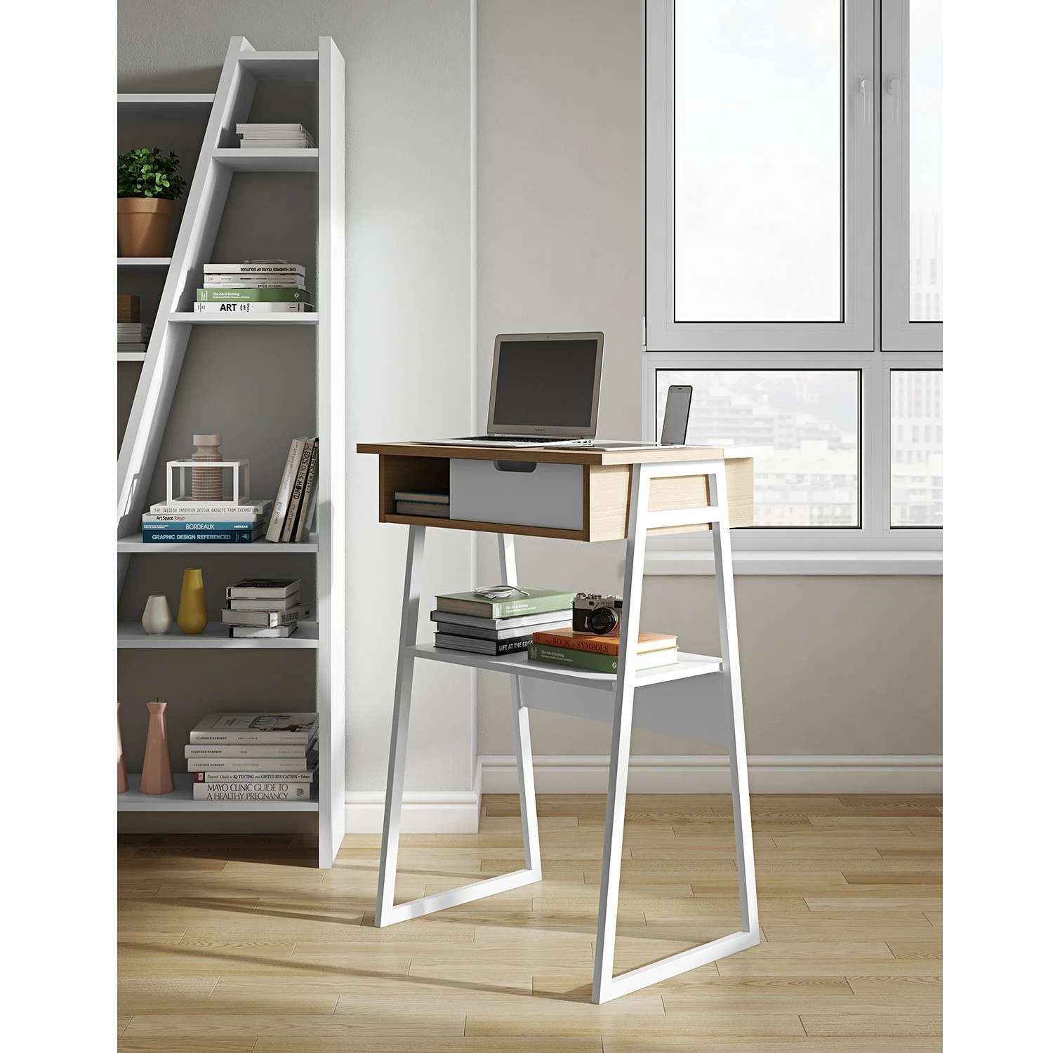 Temahome Stehschreibtisch Space - Echtholzfurnier / Metall - Eiche / Weiß 5 Temahome Stehschreibtisch Space - Echtholzfurnier / Metall - Eiche / Weiß – Bild 3