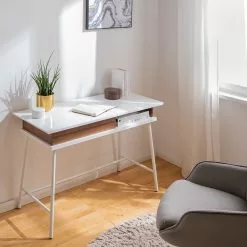 Fredriks Schreibtisch Paide - (Höhenverstellbar) - Hochglanz Weiß / Walnuss Dekor -Buromobel Verkaufe 1000256389 220601 023 MOOD DETAILS P000000001000256389 mood