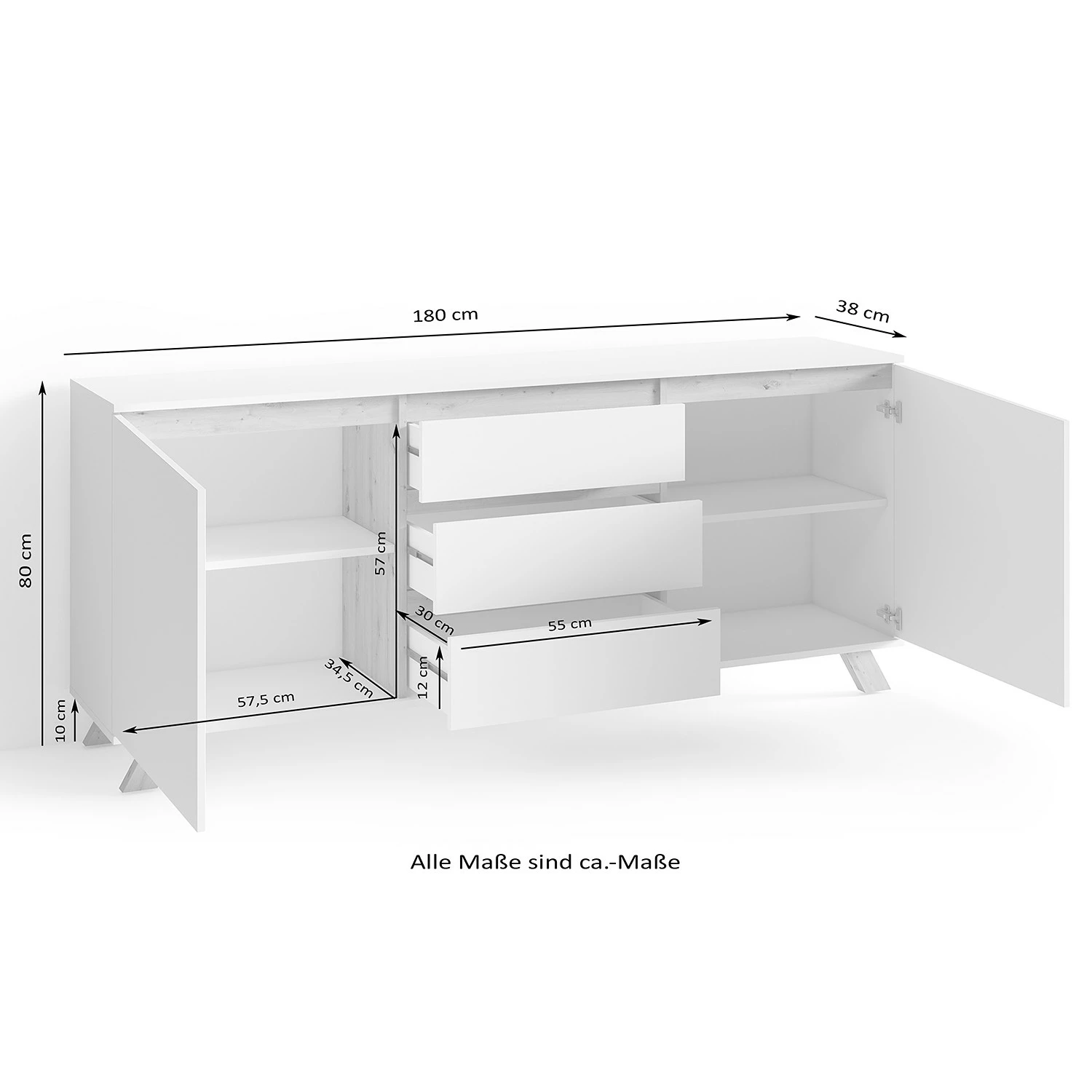 Norrwood Sideboard Rautha - Matt Weiß / Eiche Dekor - Breite: 180 cm 8 Norrwood Sideboard Rautha - Matt Weiß / Eiche Dekor - Breite: 180 cm – Bild 6