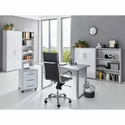 Furnitive Büro-Set Avin XI (6-teilig) - Lichtgrau / Hochglanz Weiß