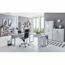 Furnitive Büro-Set Avin IX (8-teilig) - Lichtgrau / Hochglanz Weiß