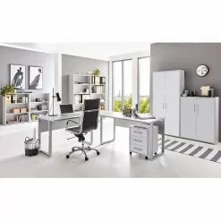 Furnitive Büro-Set Avin IX (8-teilig) - Lichtgrau / Matt Weiß