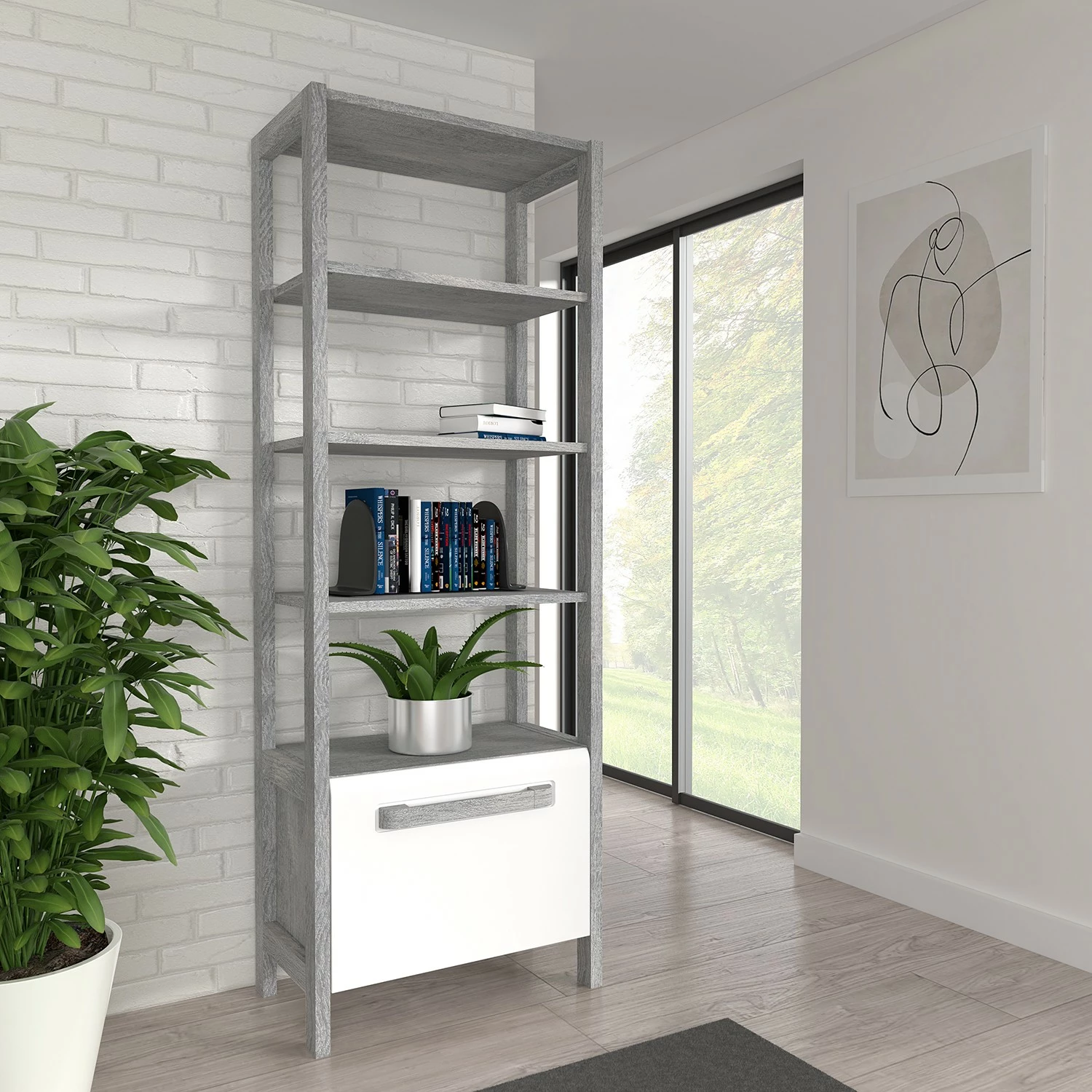 Loftscape Regal Toscana - Hochglanz Weiß / Eiche Grau Dekor 4 Loftscape Regal Toscana - Hochglanz Weiß / Eiche Grau Dekor – Bild 2