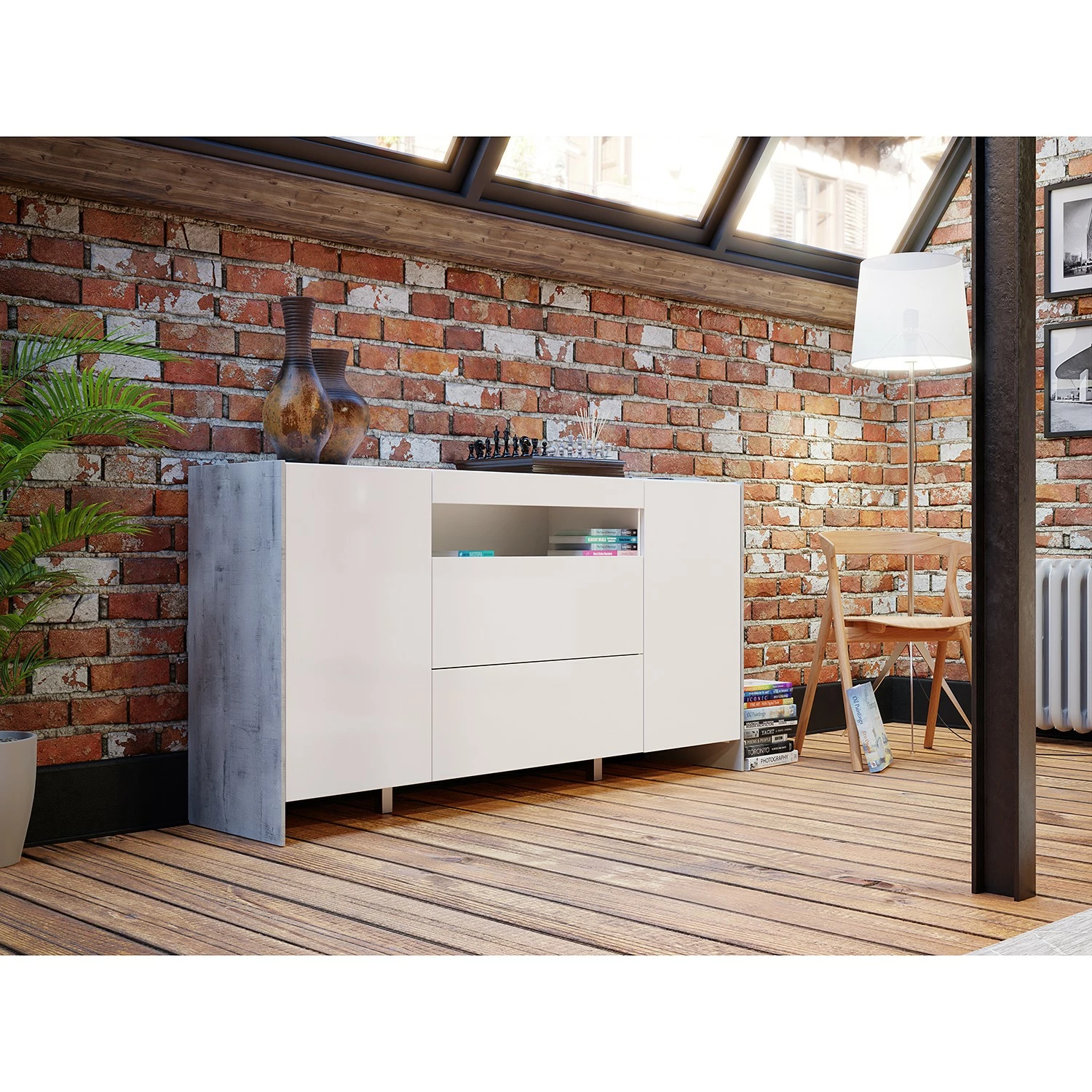 Loftscape Sideboard Urban I - Inkl. Beleuchtung - Weiß / Eiche Grau Dekor 4 Loftscape Sideboard Urban I - Inkl. Beleuchtung - Weiß / Eiche Grau Dekor – Bild 2