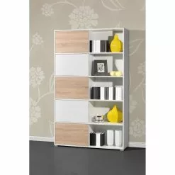 Schiebetürenregal Mingle I - Weiß / Eiche Sonoma Dekor -Buromobel Verkaufe schiebetuerenregal mingle i weiss eiche sonoma dekor 5029120