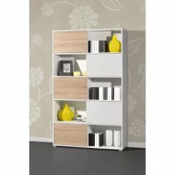 Schiebetürenregal Mingle I - Weiß / Eiche Sonoma Dekor -Buromobel Verkaufe schiebetuerenregal mingle i weiss eiche sonoma dekor 5029132