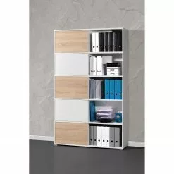 Schiebetürenregal Mingle I - Weiß / Eiche Sonoma Dekor -Buromobel Verkaufe schiebetuerenregal mingle i weiss eiche sonoma dekor 5029144