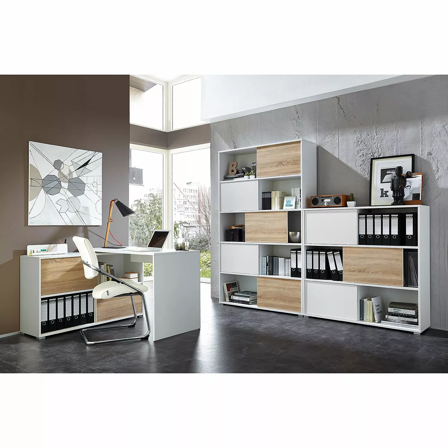 Germania Schiebetürenregal Mingle II - Weiß/Eiche Sonoma Dekor 6 Germania Schiebetürenregal Mingle II - Weiß/Eiche Sonoma Dekor – Bild 4